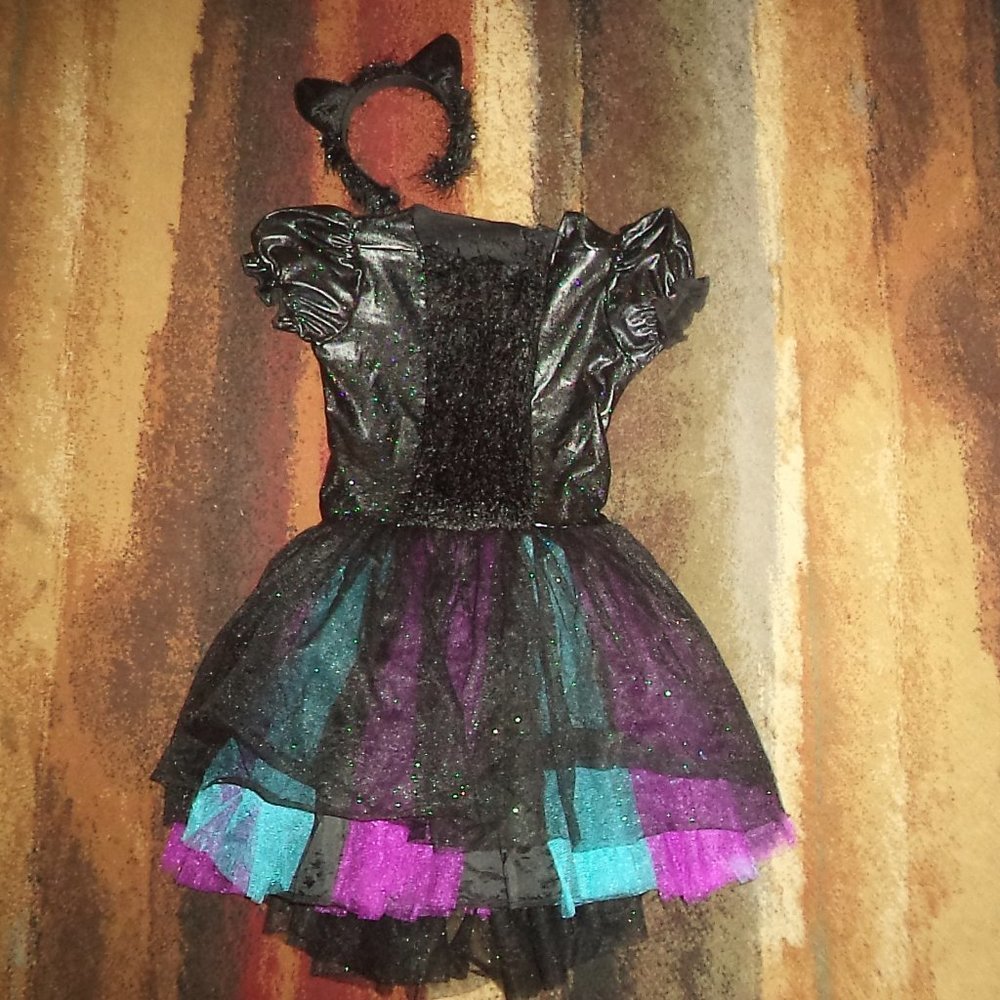 2 PC FANCY CAT KITTY HALLOWEEN COSTUME TULLE GLITTER DRESS EARS GIRLS SIZE 8-10